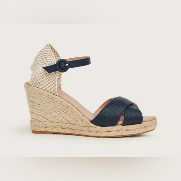 LK Bennett Angele Navy Leather Wedge Espadrilles - Picture 1 of 11